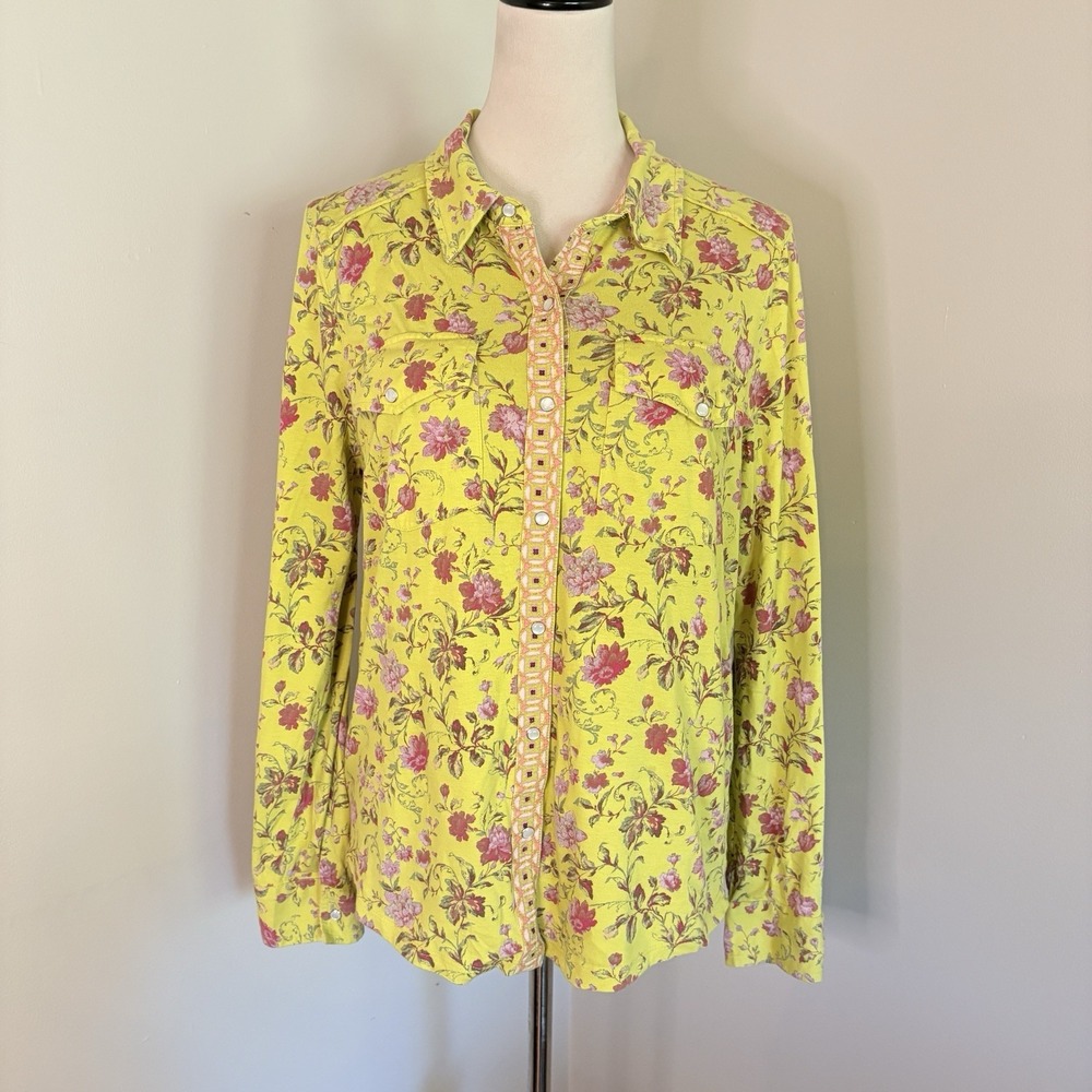 Sundance Yellow Pink Floral Western Pearl Snap Blouse Cotton Top M Medium Boho